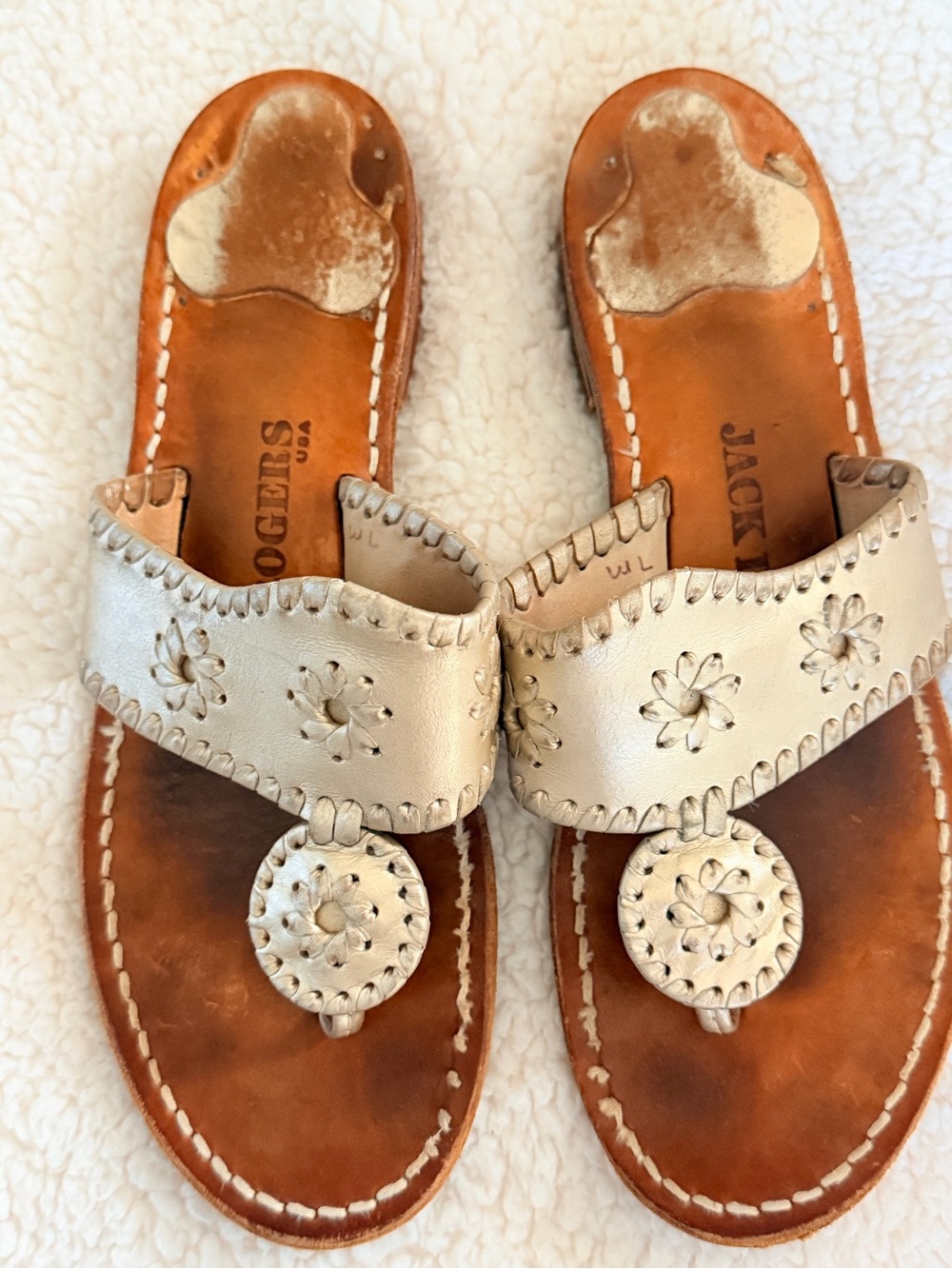 Jack Rogers Silver Leather Slide Sandals with Signature Rondelle